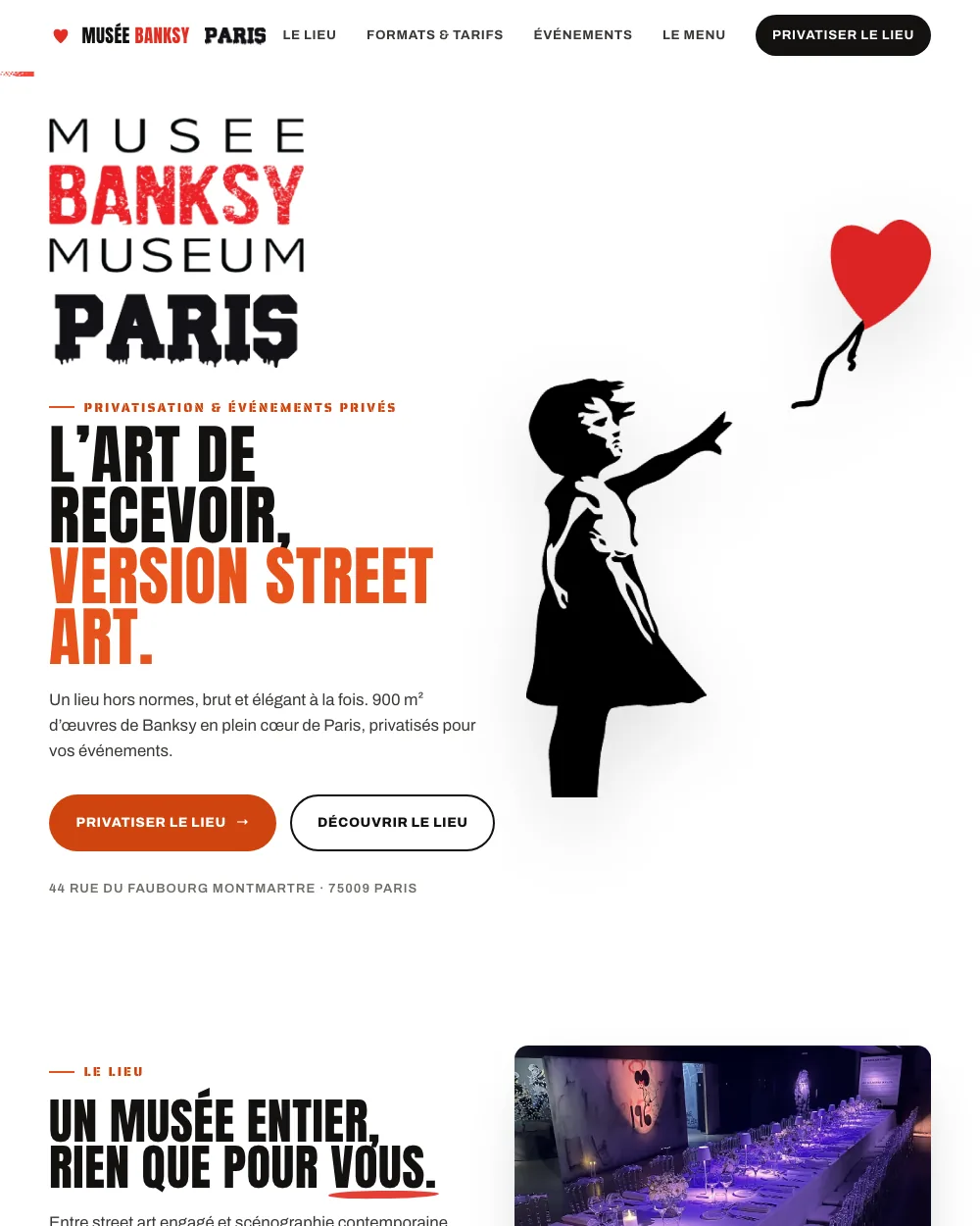 Page d'accueil du site du Musée Banksy, privatisation et événements