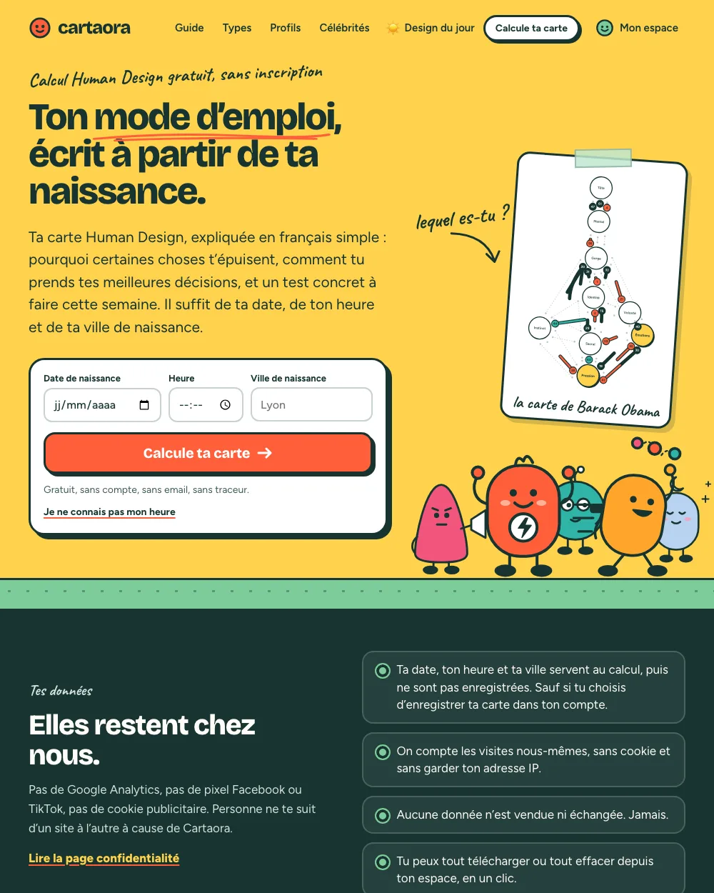 Page d'accueil de Cartaora, plateforme Human Design