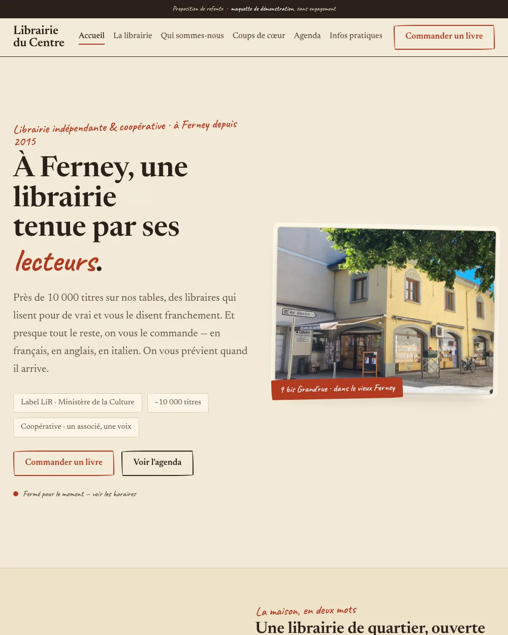 Page d'accueil de la refonte proposée pour la Librairie du Centre